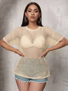 Slaydiva 加大码黑色透视宽松七分袖圆领休闲街头风长款T恤，适合春秋季