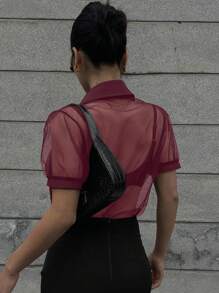 DAZY Casual Business Sheer Mesh Chiffon Cropped Blouse, Simple Short Sleeve Women Shirt - Burgundy - View 2