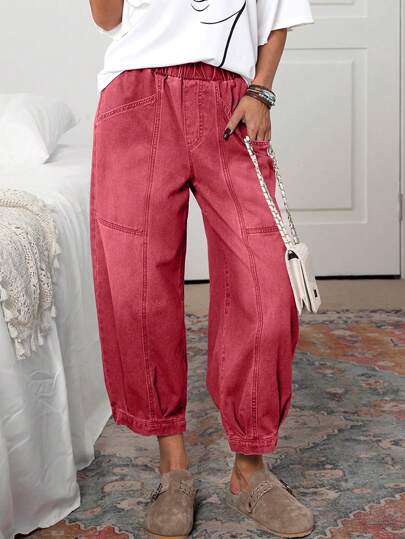 EMERY ROSE Women's Casual Plain Color Elastic Waist Pocket Jeans, Suitable For Daily Wear