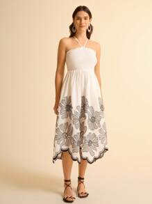 CAJUNI Women's Asymmetrical Hem Embroidered Halter Waist A-Line Midi Dress, White With Black Embroidery, Vacation/Holiday Wear - Black and White - View 8
