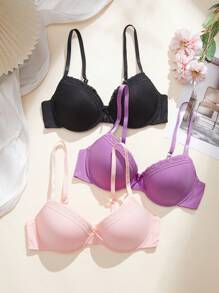 3 PiecesWomen's Simple Casual Gathering Bra Sets - Multicolor - View 3