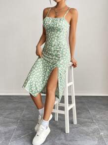 SHEIN PETITE Vestido de mujer de talla grande con ajuste delgado, abertura lateral, tirantes tipo espagueti y estampado floral pequeño - verde menta - Ver 4