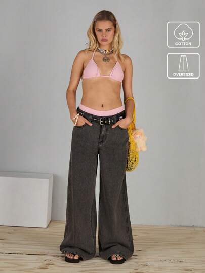 COUREZ Jeans de talle bajo y talla grande con correa ajustable en la espalda en lavado gris/Y2K/Casual/Algodón/Atuendos de verano para mujer Algodón Vintage