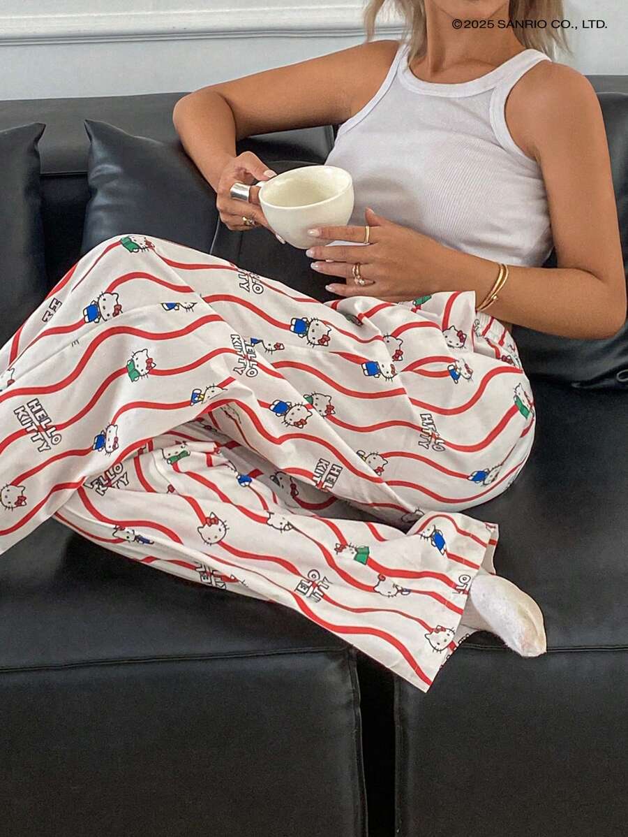 HELLO KITTY | DAZY 可爱波浪图案卡通全身印花宽松直筒女式睡裤，秋季 - 白色 - 查看 1