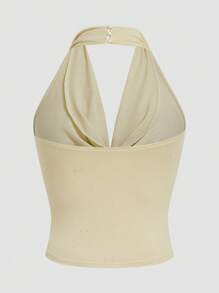 Sweetra Plus Size Elegant Solid Color Draped Neck Backless Sleeveless Top, Summer - Apricot - View 2