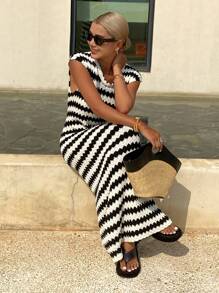 DAZY 夏季新款海滩度假风条纹针织女装连衣裙 女士毛衣连衣裙 度假 - 黑色 - 查看 6