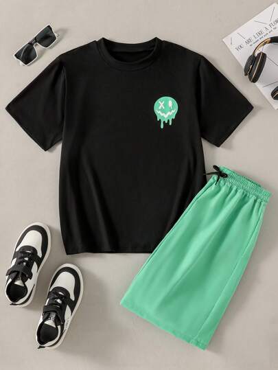SHEIN 2pcs Teenage Boys' Fashion Black T-Shirt & Casual Green Shorts Set Young Boys Sets Teen Boy Clothes Set Teen Clothes Boys Set Outfit For Teens Boy Boy Clothes 8, School, Campus, College Summer Holiday