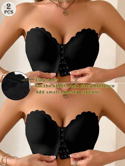 2pcs/Set Multi-Color Women Underwear Bra, Front Closure Wave Trim Push-Up With Removable Pads