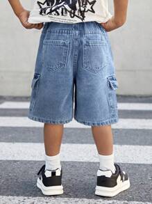 SHEIN Celana Pendek Kargo Denim Longgar Gaya Anak Laki-Laki dengan Banyak Kantong, Streetwear untuk Anak-Anak - Light Wash - View 2