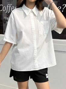 SHEIN 2pcs/Set Teen Girl Loose Casual Minimalist Comfortable Lapel Short Sleeve Shirt And Shorts Set