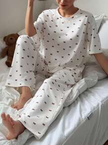 DAZY All-Over Bow Print Casual Round Neck Pullover Pajama Set - White - View 5