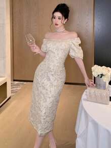 DAZY 女士碎花方领泡泡袖中长连衣裙 舞会礼服 优雅女装 - 杏色 - 查看 5