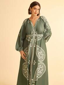 CAJUNI Tropical Print V-Neck Long Lantern Sleeve Split Loose Green Beige Casual Maxi Dress For Plus Size Women