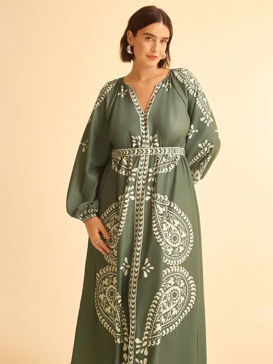 CAJUNI Tropical Print V-Neck Long Lantern Sleeve Split Loose Green Beige Casual Maxi Dress For Plus Size Women