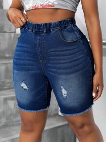 SHEIN SXY 大码弹性腰部做旧口袋休闲牛仔骑行裤