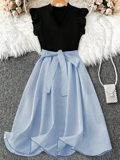 SHEIN Clasi 夏季大码条纹印花系带优雅连衣裙