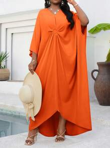 SHEIN Lady 节日连衣裙加大码香槟色梭织短袖女式长袍宽松垂坠节日新娘送礼会礼服沙滩女式高腰修身连衣裙 - 橘色 - 查看 3