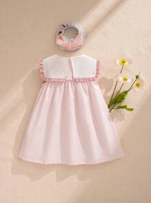Souflis Souflis 女宝宝可爱彼得潘领蝴蝶结刺绣花卉装饰口袋设计开摆夏季休闲时尚公主裙 - 粉色 - 查看 2