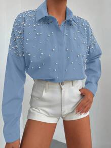 SHEIN Cottnline 100%Cotton Pearls Beaded Drop Shoulder Shirt - Blue - View 3