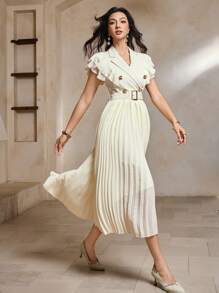 DAZY Women's Cream-Yellow Trench Vest-Style Chiffon Mesh Patchwork Cinched Waist Elegant Dress, Spring/Summer Maxi Dress - White - View 5