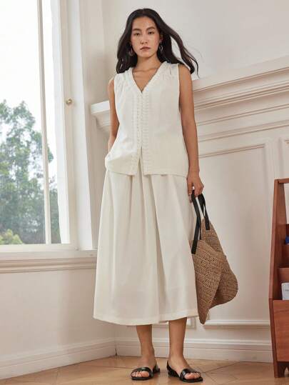 Dazy-Less 2pcs Casual Summer Linen Solid Color V-Neck Tank Top And Capri Pants Set, Business Leisure Beach Vacation Outfit For Women