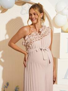 Loomaby Maternity Asymmetric Shoulder Ruffle Waist Pleated Jumpsuit,Gender Reveal Dress,Baby Shower Dress,Maternity Dress - Khaki - View 7