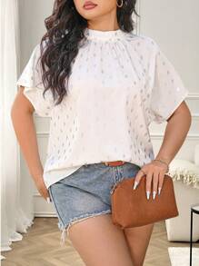 Calvaya Plus Size Women's Elegant Stand Collar Bowknot Loose Silver Printing Blouse