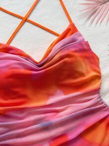 Soleia 彩色扎染细肩带露背系带蝴蝶结喇叭下摆迷你连衣裙，适合节日、约会、下午茶、度假、音乐节、海滨、夏季、波西米亚风、度假、钩针编织、亚麻布， - 彩色 - 查看 6