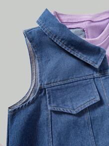 少女棉质无袖牛仔拼布休闲连衣裙 - 紫色 - 查看 6