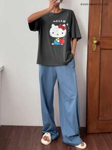 HELLO KITTY | DAZY 可爱卡通印花宽松 T 恤上衣和直腿裤女式睡衣套装 - 深灰色 - 查看 4