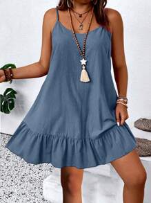 SHEIN PETITE CURVE Plus Size Solid Color Sleeveless Casual Vacation Dress - Blue - View 3