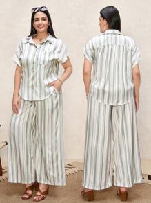 SHEIN Clasi Plus Size White Stripe Print Shirt And Pants 2 Pieces Set,Women's Elegance Loose Pockets Patchwork Daily Wear Summer Smart Casual Vacation Outfits - Multicolor - View 2