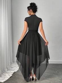 Modelyn Knit Patchwork Chiffon Bubble Pearl Cinched Waist Asymmetrical Hem Dress For Women - Black - View 2