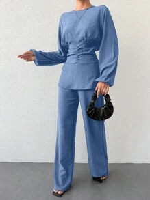 EURMUSE 女士纯色圆领灯笼袖褶皱衬衫和裤子休闲两件套 - 藍色 - 查看 3