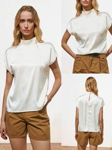 Lumivelle Beige Mock Neck Raglan Sleeve Loose Blouse - Apricot - View 1