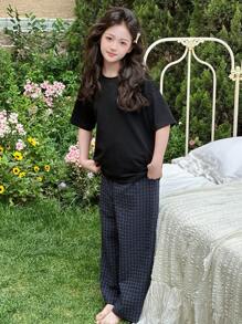 Dazy Kids 2 件套青少年女孩纯色圆领针织短袖 T 恤和梭织格子裤家居服，春夏季，返校服装 - 黑色 - 查看 2