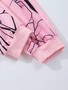 SHEIN Explorewe 青少年女孩连帽夹克和裤子套装，带有卡通印花，长袖 - 粉色 - 查看 3