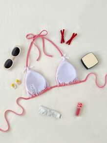 Swim Mod Cute Gingham Print Tie-Front Bikini Top For Vacation For Summer - Red and White - View 2