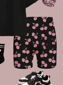 SHEIN Happikins Young Girl Casual Simple Short Sleeve Shorts 2 Pieces Set, Suitable For Summer