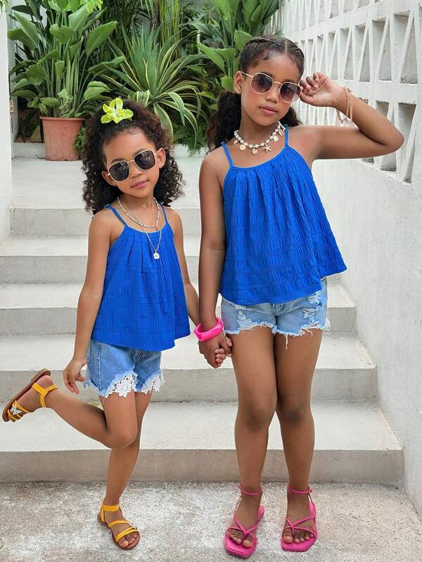Young Girl Casual/Vacation Blue Sleeveless Textured Tank Top, Suitable For Vacation, Beach
