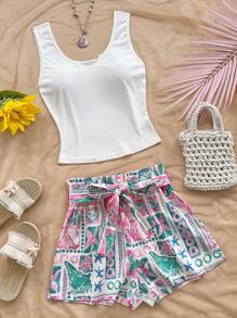 Soleia 女士 2 件卡其色休闲修身 V 领吊带背心和岛屿元素印花短裤套装，度假、海滩、派对、下午茶、夏季服装 - 彩色 - 查看 4