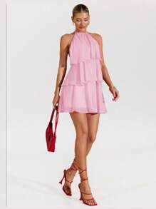 SHEIN BAE 夏季海滩度假纯红色层叠荷叶蛋糕雪纺迷你连衣裙，适合日常约会、夜间外出、夜总会、派对、聚会、鸡尾酒会、泳池派对、返校季服装、学校季连衣裙、节日连衣裙、芭蕾舞裙 - 淺粉色 - 查看 7