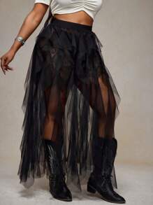 Slaydiva 2025 Spring/Summer Elastic Waist Boho Black Sheer Skirt - Suitable For Music Festivals, Easter, Western, Nomadic, Boho, Nashville, Birthday Parties, Graduation, Students, Everyday Wear, Casual, Vacation, Cruise, Beach, Sunbathing, Casual Vacation, Beach