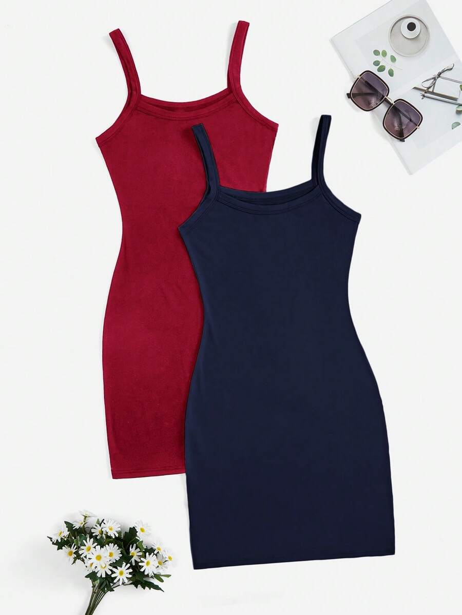 SHEIN Privé 2pcs/Set Women Summer Casual Solid Bodycon Spaghetti Strap Off Shoulder Dress, Suitable For Commuting, Outdoor, And Shopping - Multicolor - View 1