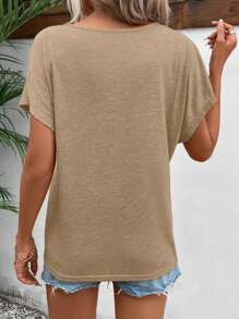 SHEIN Frenchy Áo thun tay ngắn cổ chữ V rộng rãi đơn giản màu trơn - Màu be - Xem 2