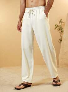 Manfinity RSRT Herren Bambus Knoten Karomuster Lässig Hose, minimalistisch & modisch, geeignet für Sommer, Strandurlaub für Herren, Herren Urlaub, Leinen Herrenhose