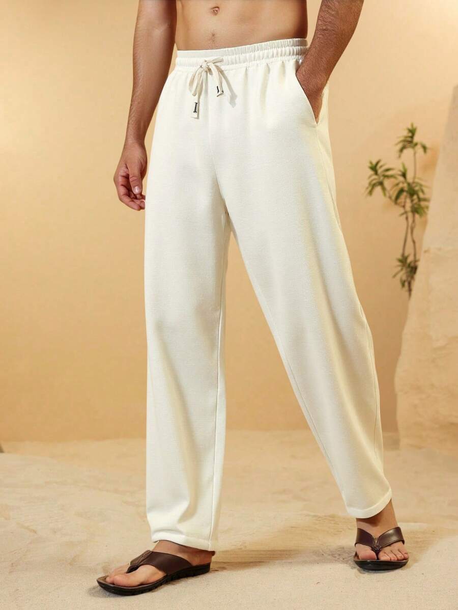 Manfinity RSRT Herren Bambus Knoten Karomuster Lässig Hose, minimalistisch & modisch, geeignet für Sommer, Strandurlaub für Herren, Herren Urlaub, Leinen Herrenhose