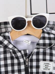 Conjunto de 3 piezas para niños pequeños compuesto por: sudadera de cuello redondo de manga corta con gráfico de letras, pantalones cortos casuales con estampado de palmeras de cintura elástica. Apropiado para exteriores, vacaciones, compras, fiestas, sesiones de fotos, etc. - Negro - Ver 5