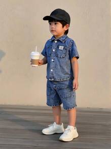 Toddler Boys Fashionable Casual Versatile Outdoor School Denim Suit - Collared Shirt & Elastic Waist Wash Denim Shorts Set - Medium Wash - View 6