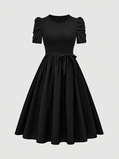 Breezaya 女士纯色腰带优雅中长款短袖连衣裙